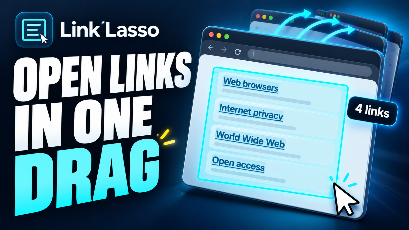 Link Lasso: open links in one drag, illustrated with a cyan selection box around four links and arrows to new tabs.