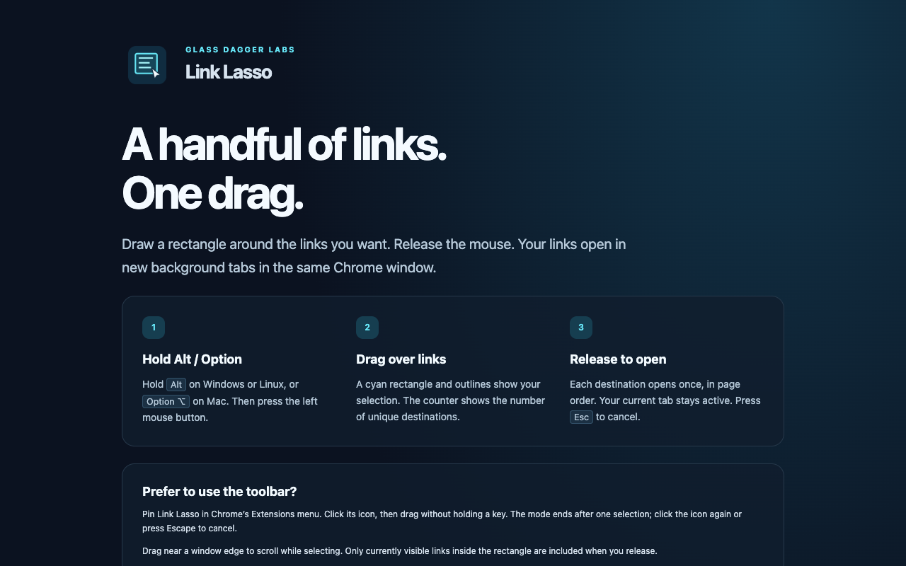 Chrome Web Store screenshot of the Link Lasso help page explaining Alt or Option, drag selection, release to open, Escape to cancel and toolbar mode.