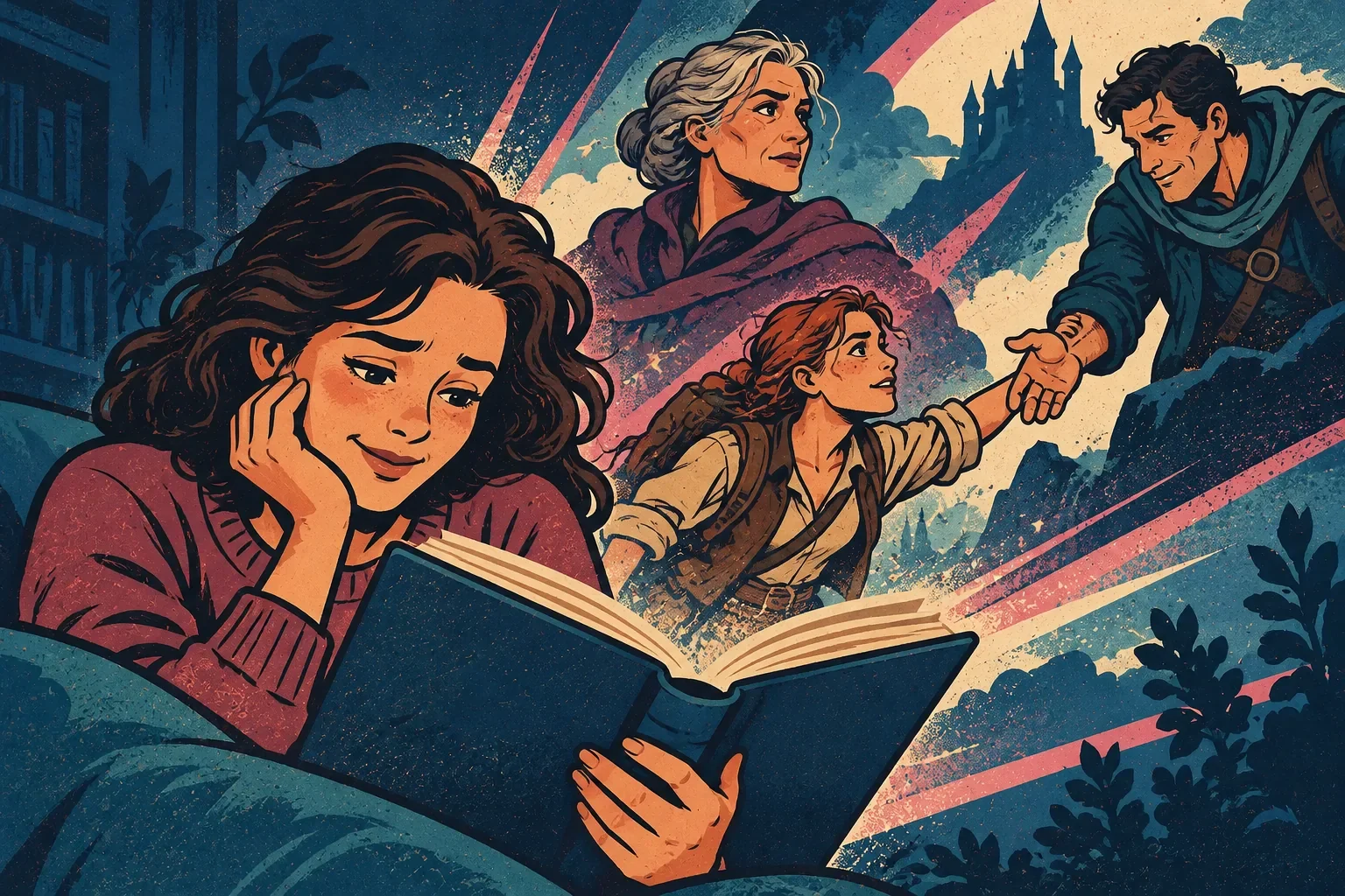 femme lisant un livre et appréciant ses personnages