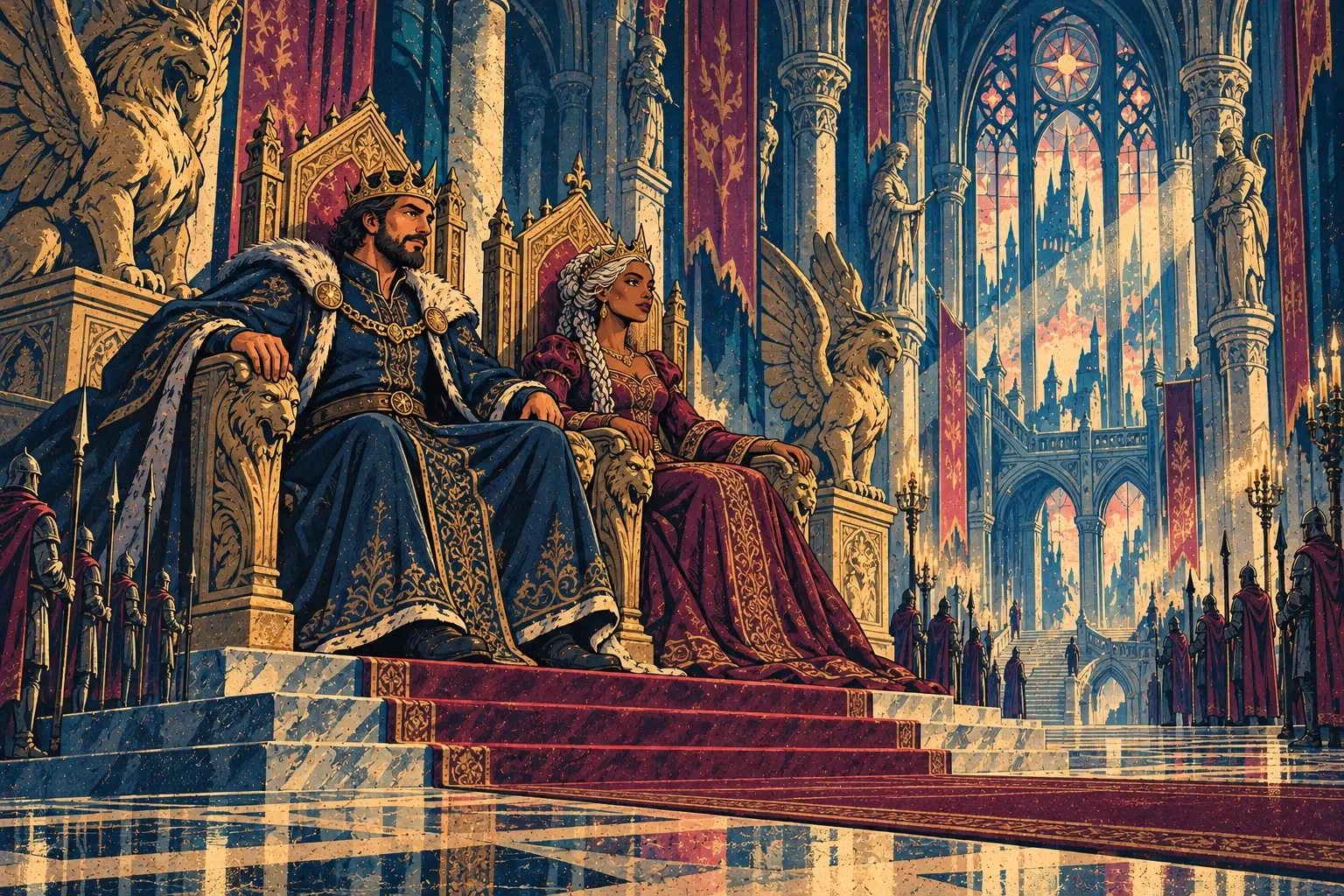 king and queen in an ornate hall